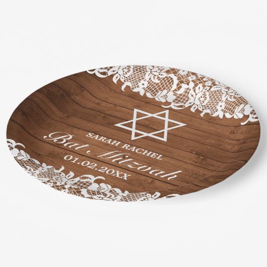 Rustic Wood & White Lace Bar Bat Mitzvah Papieren Bordje (Gekanteld)