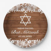 Rustic Wood & White Lace Bar Bat Mitzvah Papieren Bordje (Voorkant)