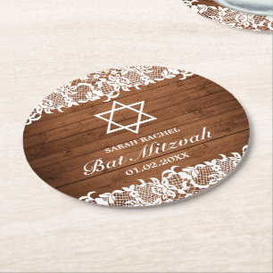 Rustic Wood & White Lace Bar Bat Mitzvah Ronde Kartonnen Onderzetter