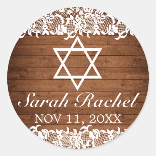 Rustic Wood & White Lace Bar Bat Mitzvah Ronde Sticker (Voorkant)