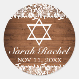 Rustic Wood & White Lace Bar Bat Mitzvah Ronde Sticker
