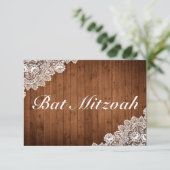 Rustic Wood & White Lace Bar Bat Mitzvah RSVP Kaartje (Staand voorkant)