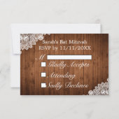 Rustic Wood & White Lace Bar Bat Mitzvah RSVP Kaartje (Achterkant)