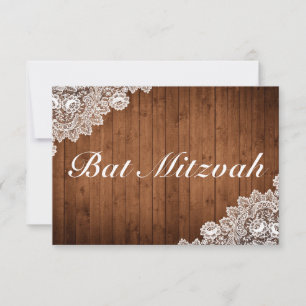 Rustic Wood & White Lace Bar Bat Mitzvah RSVP Kaartje