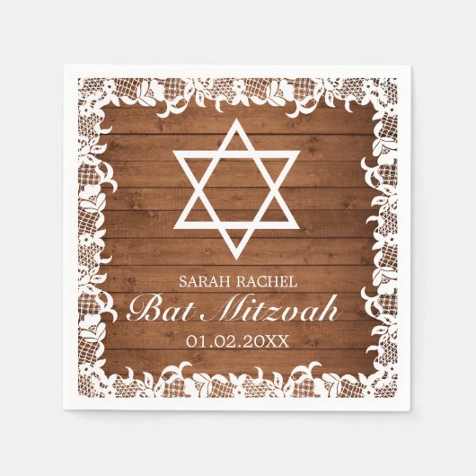Rustic Wood & White Lace Bar Bat Mitzvah Servet (Voorkant)