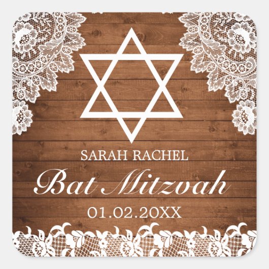 Rustic Wood & White Lace Bar Bat Mitzvah Vierkante Sticker (Voorkant)