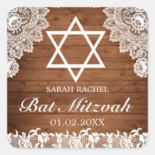 Rustic Wood & White Lace Bar Bat Mitzvah Vierkante Sticker