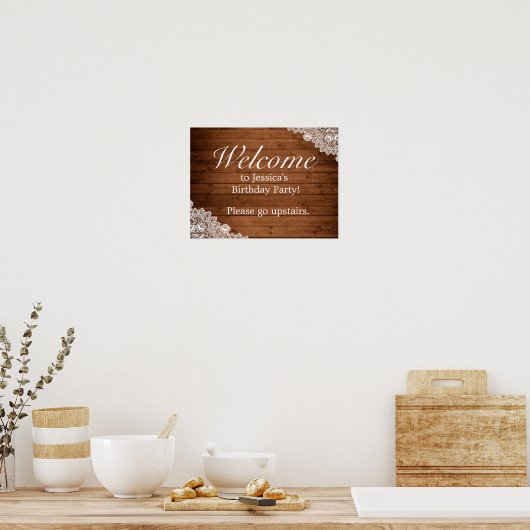 Rustic Wood & White Lace Birthday Welcome Sign Poster (Keuken)