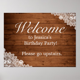 Rustic Wood & White Lace Birthday Welcome Sign Poster