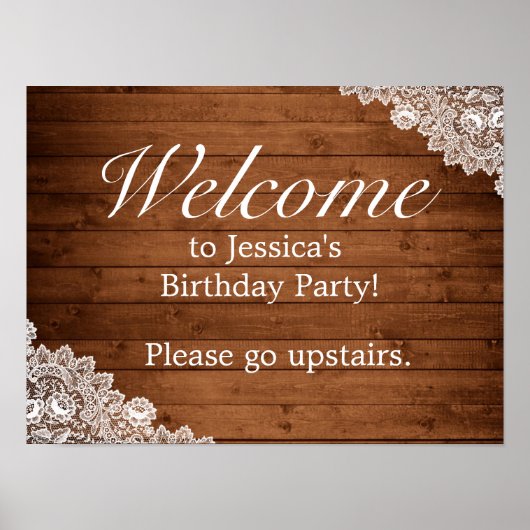 Rustic Wood & White Lace Birthday Welcome Sign Poster (Voorkant)