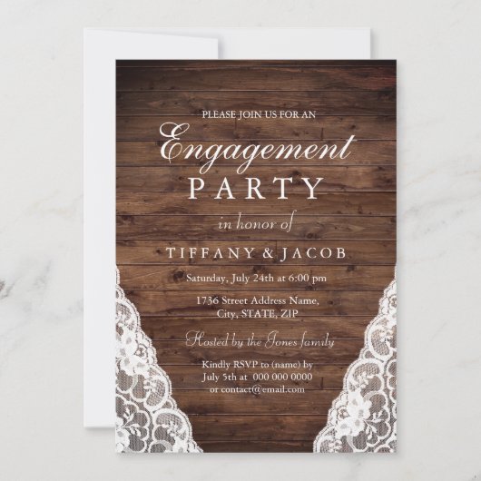 Rustic Wood White Lace Engagement Party Kaart (Voorkant)