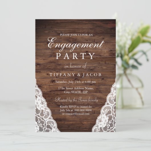Rustic Wood White Lace Engagement Party Kaart (Staand voorkant)