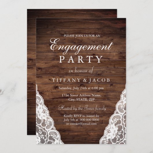 Rustic Wood White Lace Engagement Party Kaart (Voorkant / Achterkant)