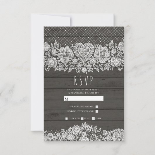Rustic Wood White Lace Farmhouse Barn Wedding RSVP (Voorkant)