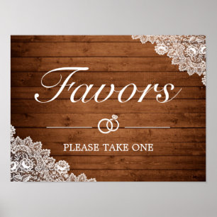 Rustic Wood & White Lace Favors Wedding Sign Poster