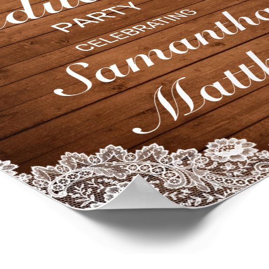 Rustic Wood & White Lace Graduparty Welkom Poster (Hoek)