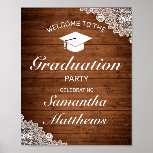 Rustic Wood & White Lace Graduparty Welkom Poster (Voorkant)