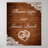 Rustic Wood & White Lace Guest Book Wedding Sign Poster (Voorkant)