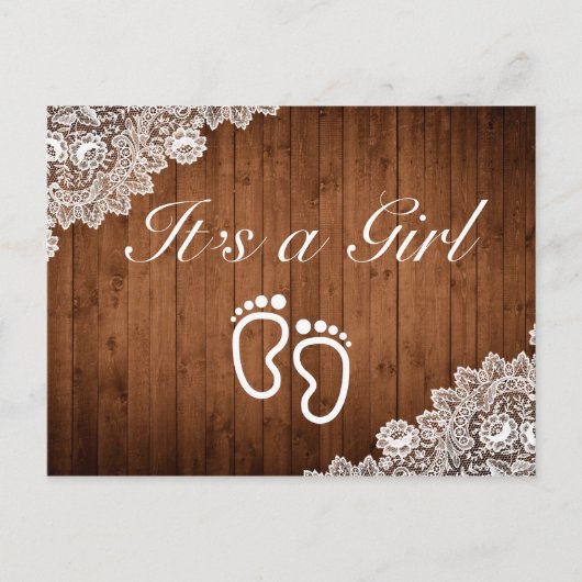 Rustic Wood & White Lace Het is een meisje Aankondigingskaart (Voorkant)