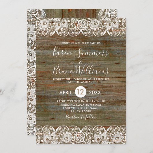 Rustic Wood & White Lace Lijst Wedding Invitation Kaart (Voorkant / Achterkant)