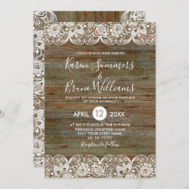 Rustic Wood & White Lace Lijst Wedding Invitation Kaart
