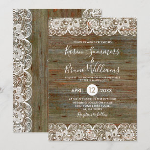 Rustic Wood & White Lace Lijst Wedding Invitation Kaart