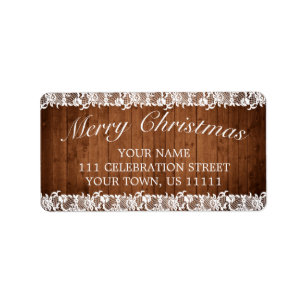Rustic Wood & White Lace Merry-kerstadres Etiket
