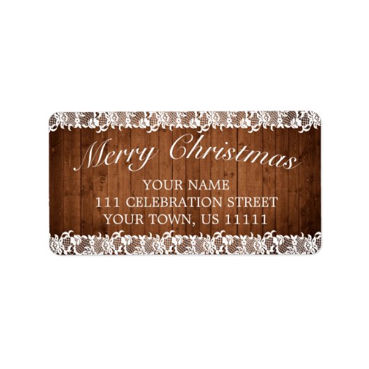 Rustic Wood & White Lace Merry-kerstadres Etiket (Voorkant)