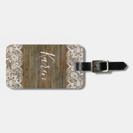 Rustic Wood & White  Lace Monogram Bagagelabel (Voorkant horizontaal)