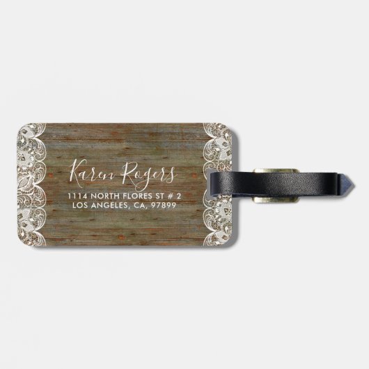 Rustic Wood & White  Lace Monogram Bagagelabel (Achterkant horizontaal)