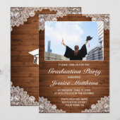 Rustic Wood & White Lace Photo Afstuderen Kaart (Voorkant / Achterkant)