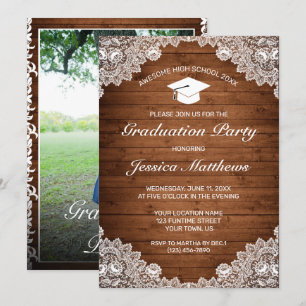 Rustic Wood & White Lace Photo Afstuderen Kaart