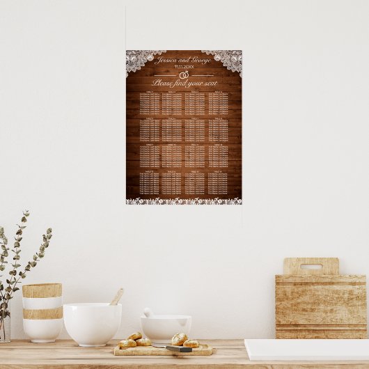 Rustic Wood & White Lace Seating Chart 16 Tables Poster (Keuken)
