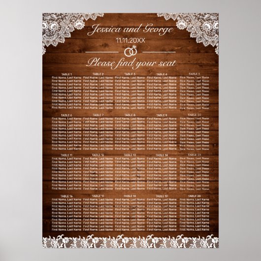Rustic Wood & White Lace Seating Chart 20 Tables Poster (Voorkant)