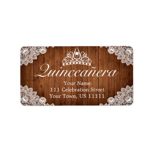 Rustic Wood & White Lace Tiara Quinceañera Adres Etiket (Voorkant)