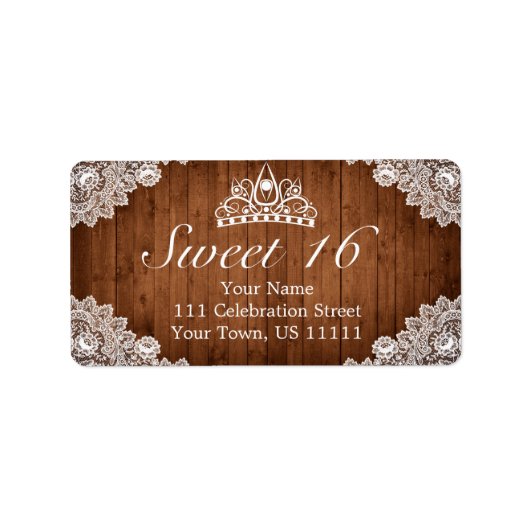 Rustic Wood & White Lace Tiara Sweet 16 Adres Etiket (Voorkant)