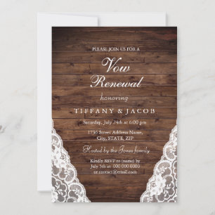 Rustic Wood White Lace Vow Renewal Invite Kaart