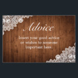 Rustic Wood & White Lace Wedding Advice Kaart<br><div class="desc">Een huwelijksadvieskaart. Robuusachtige stijl met houten planken achtergrond en witte vlakke decor. Meer objecten zijn in deze stijl in onze winkel verkrijgbaar. U kunt het ontwerp verder uitgeven,  kleuren,  doopvonten veranderen en extra teksten toevoegen door "verder"verbinding aan te passen.</div>