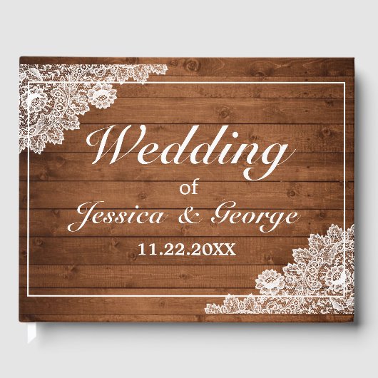 Rustic Wood & White Lace Wedding Gastenboek (Voorkant)