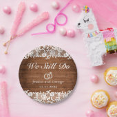 Rustic Wood & White Lace Wedding Jubileum Papieren Bordje (Feest)