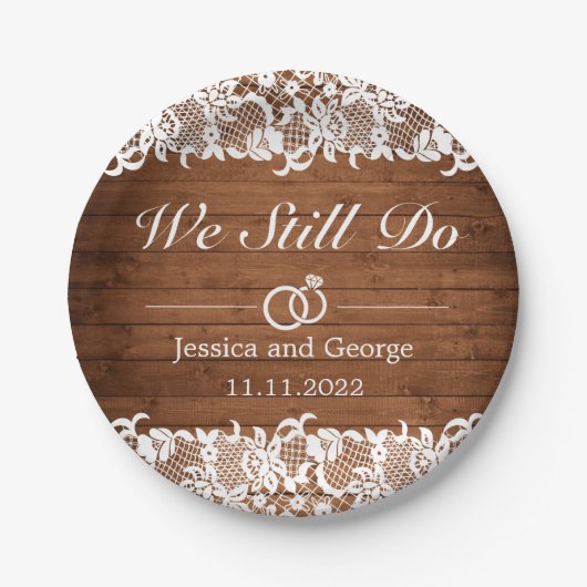 Rustic Wood & White Lace Wedding Jubileum Papieren Bordje (Voorkant)