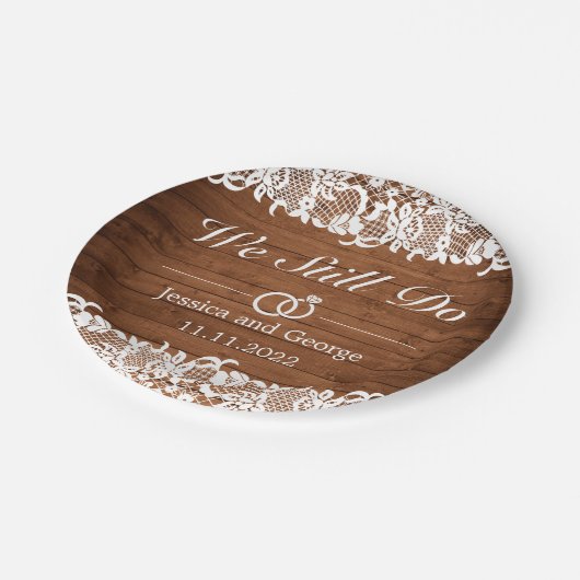 Rustic Wood & White Lace Wedding Jubileum Papieren Bordje (Gekanteld)