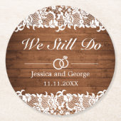 Rustic Wood & White Lace Wedding Jubileum Ronde Kartonnen Onderzetter (Voorkant)