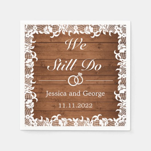 Rustic Wood & White Lace Wedding Jubileum Servet (Voorkant)
