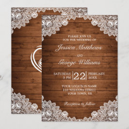 Rustic Wood & White Lace Wedding Kaart