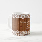 Rustic Wood & White Lace Wedding Koffiemok (Voorkant links)
