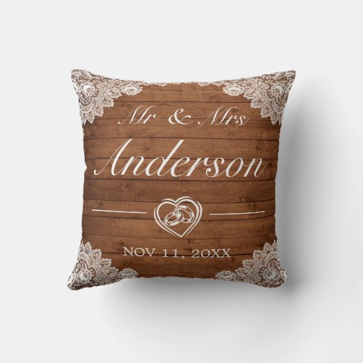 Rustic Wood & White Lace Wedding Kussen (Achterkant)