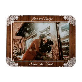 Rustic Wood & White Lace Wedding Magneet