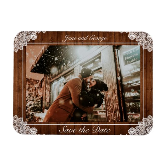 Rustic Wood & White Lace Wedding Magneet (Horizontaal)