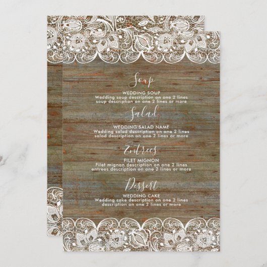 Rustic Wood White Lace Wedding Menu (Voorkant / Achterkant)